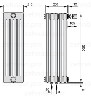 Схема (чертеж) Радиатор Zehnder Charleston 6250/5 №V008 Белый глянцевый RAL 9016